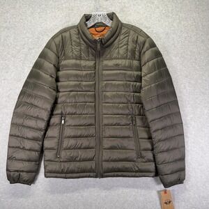 Dockers Packable Travel Jacket Mens Small Olive Green Puffer Quilted Full Zip